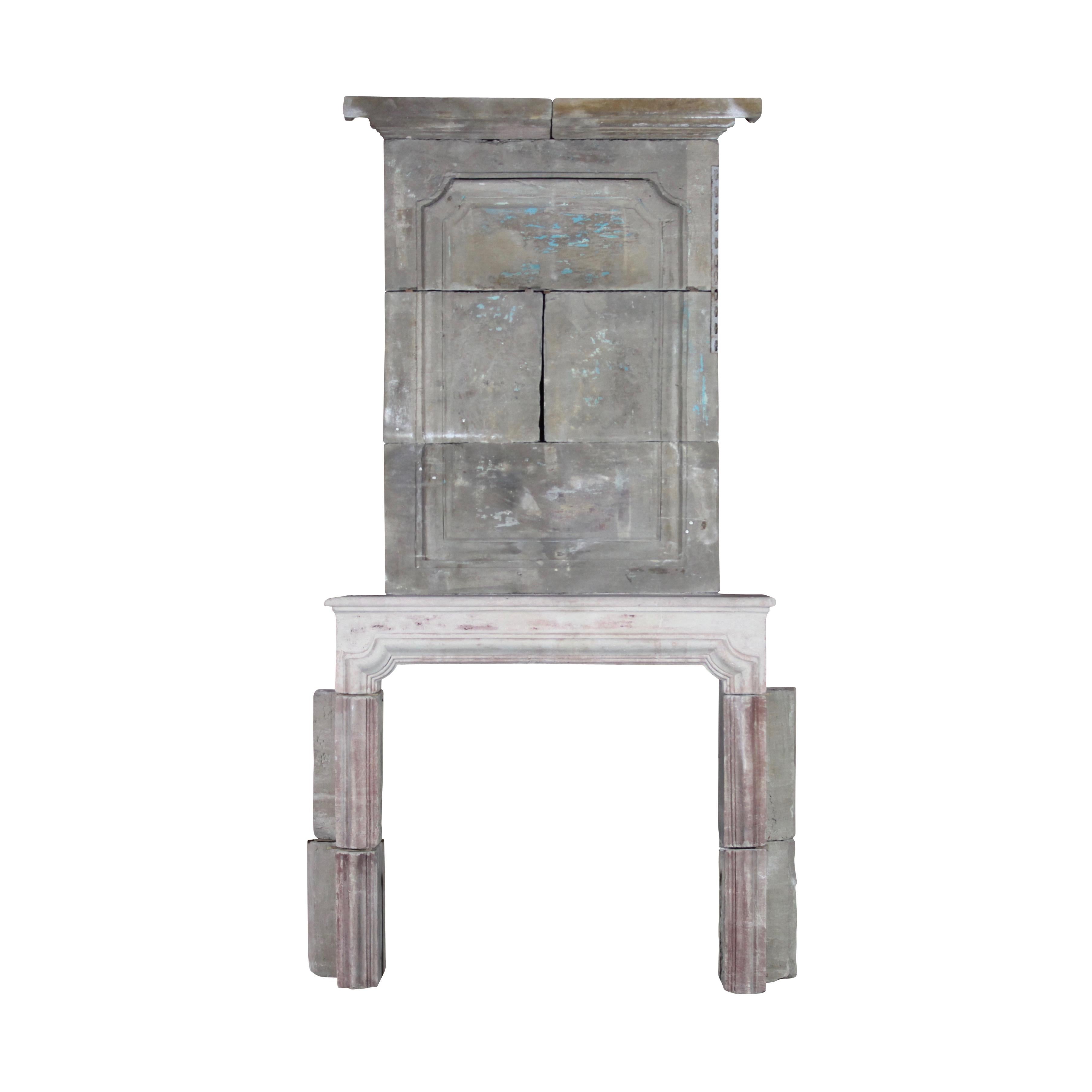 French Country Antique Fireplace Mantle in Limestone with Upper Mantle For Sale