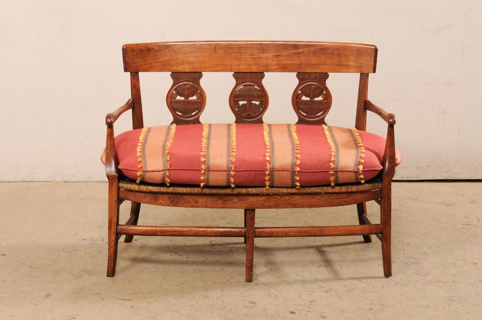 French Country Bench W/Neoclassic Elements Has Rushed Seat & Upholstered Cushion 3