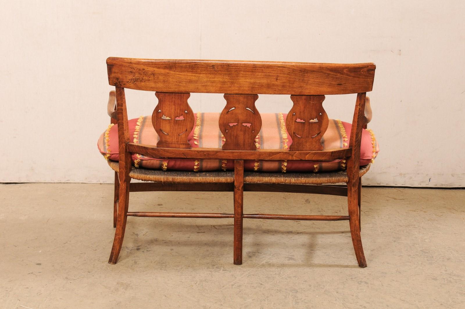 19th Century French Country Bench W/Neoclassic Elements Has Rushed Seat & Upholstered Cushion