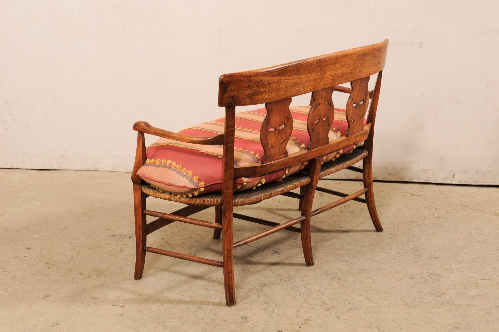 Upholstery French Country Bench W/Neoclassic Elements Has Rushed Seat & Upholstered Cushion