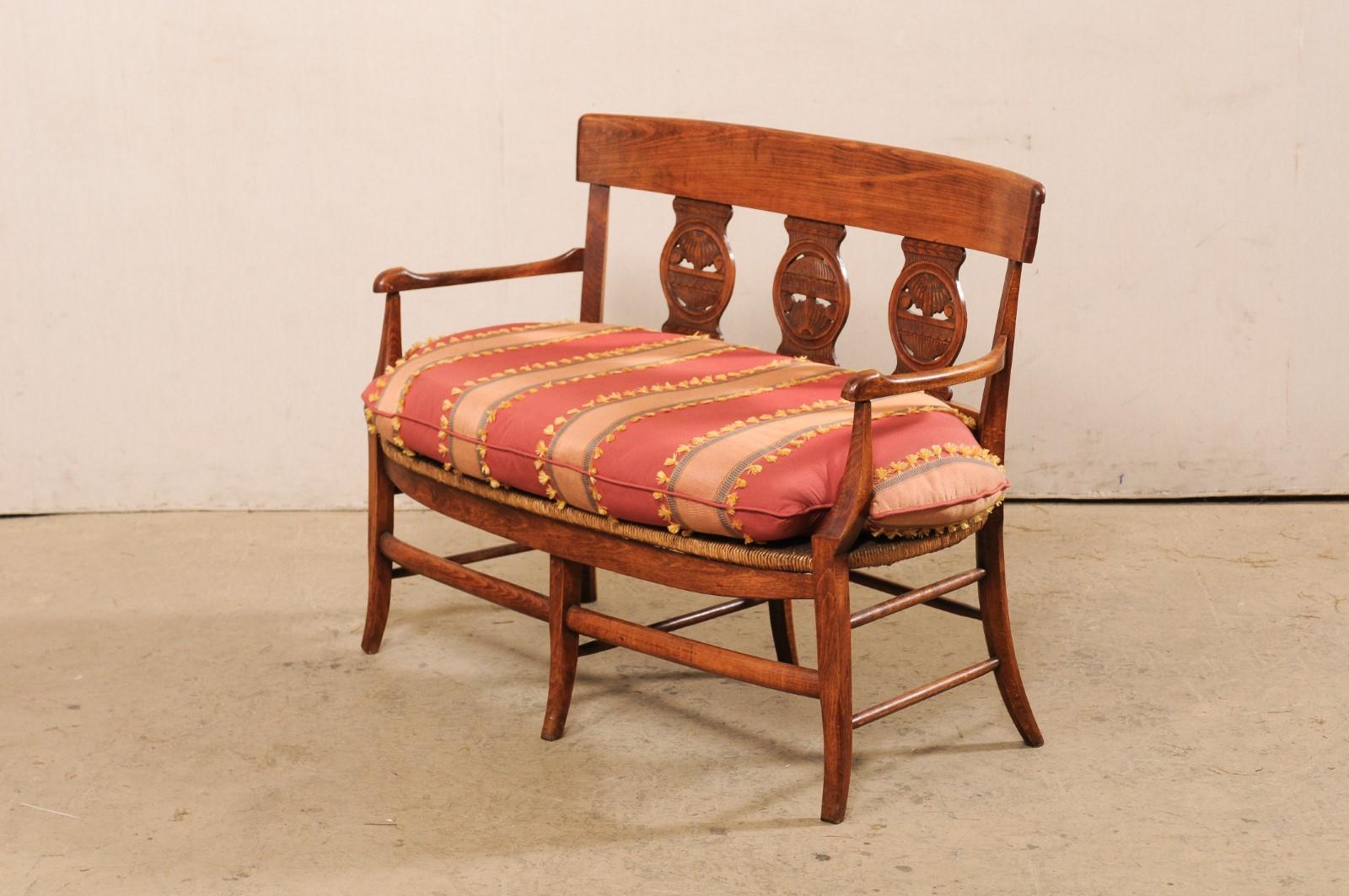 French Country Bench W/Neoclassic Elements Has Rushed Seat & Upholstered Cushion 2