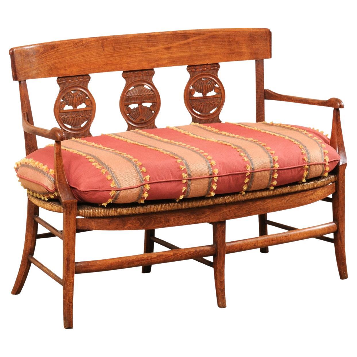 French Country Bench W/Neoclassic Elements Has Rushed Seat & Upholstered Cushion