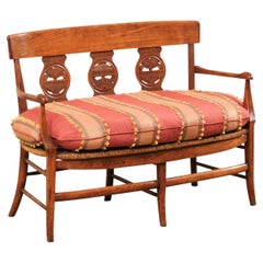 Antique French Country Bench W/Neoclassic Elements Has Rushed Seat & Upholstered Cushion