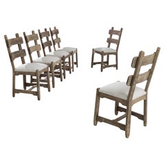 French Country Bleached Oak Boucle Upholstered Dining Chairs, Set of Six