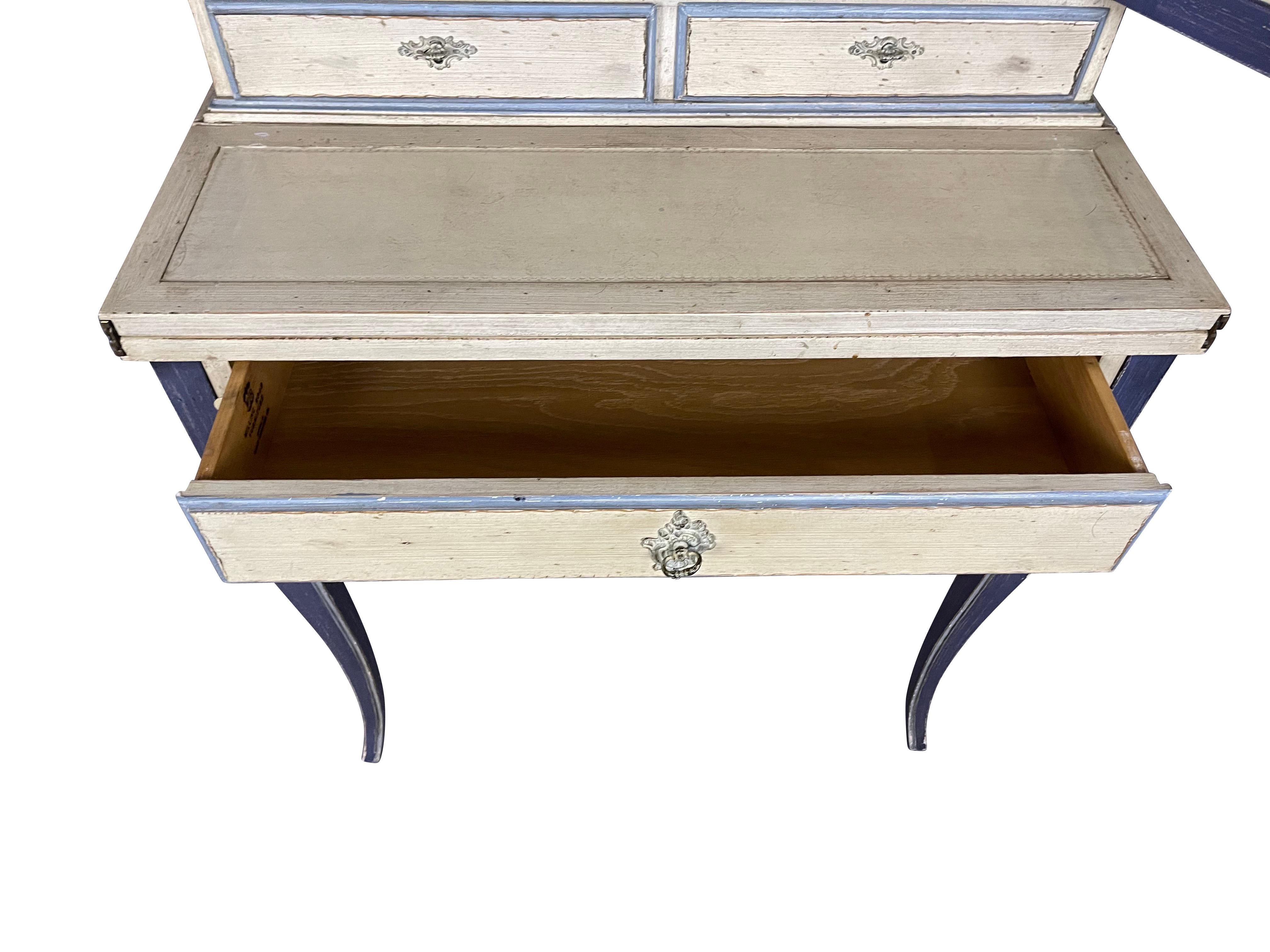 French Country Blue Secretaire/Desk with Wire Shelving and Pull out Lap Desk  For Sale 1