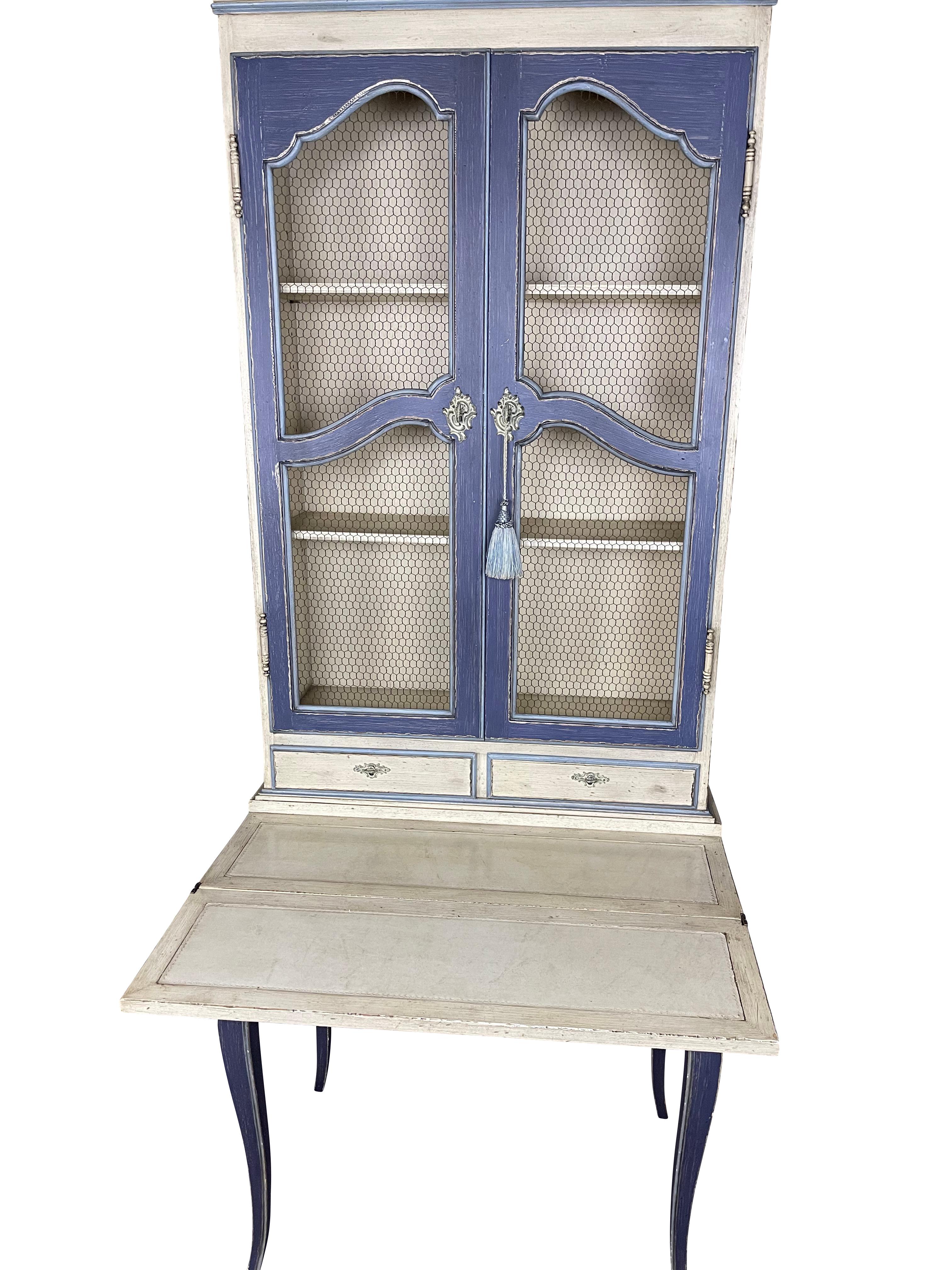 French Country Blue Secretaire/Desk with Wire Shelving and Pull out Lap Desk  For Sale 3