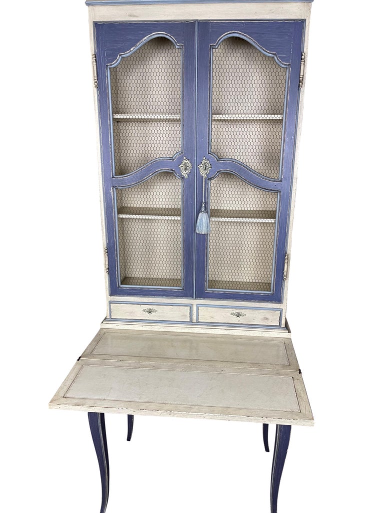 French Country Blue Secretaire/Desk with Wire Shelving and Pull out Lap