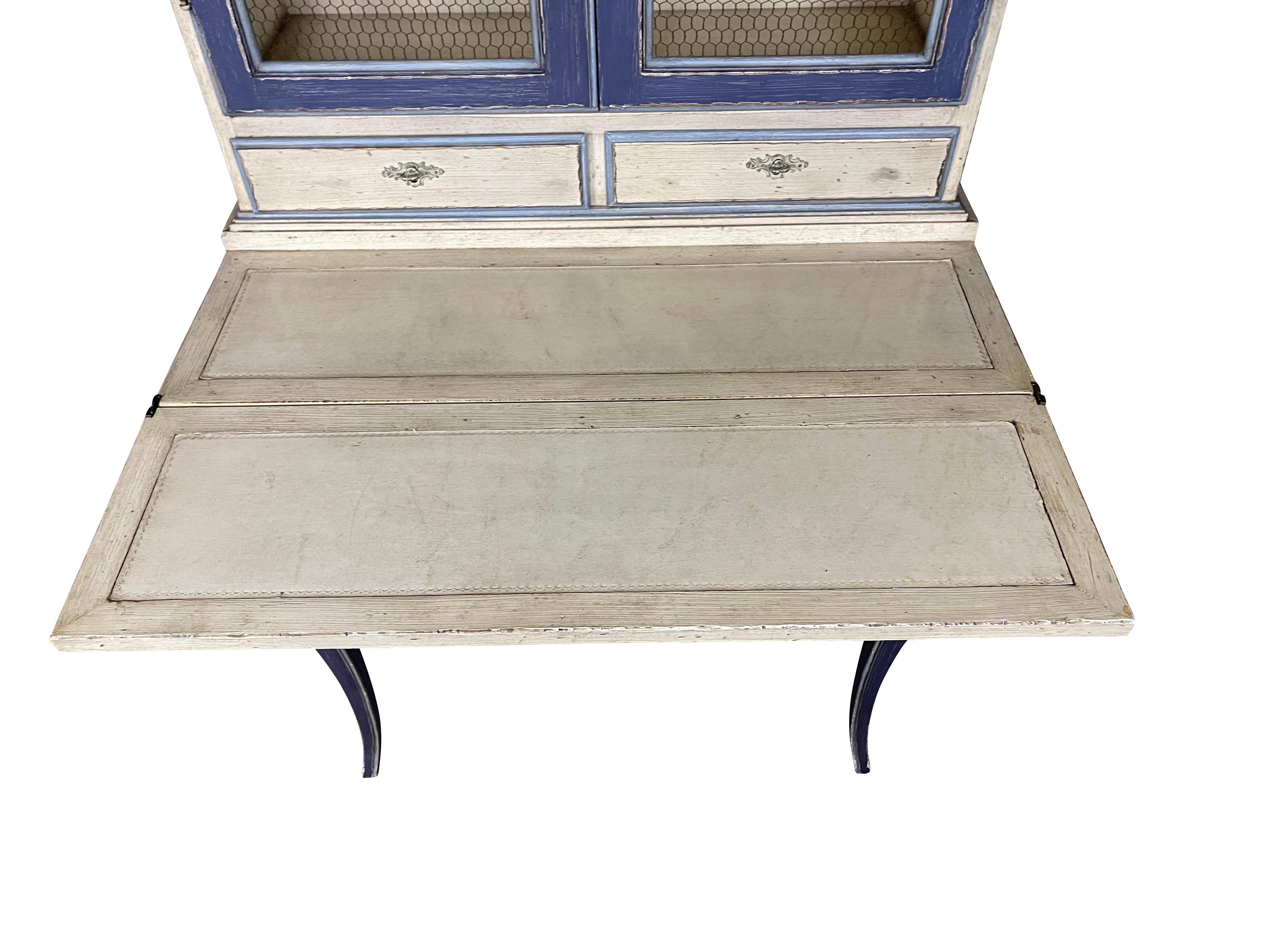 French Country Blue Secretaire/Desk with Wire Shelving and Pull out Lap Desk  For Sale 4