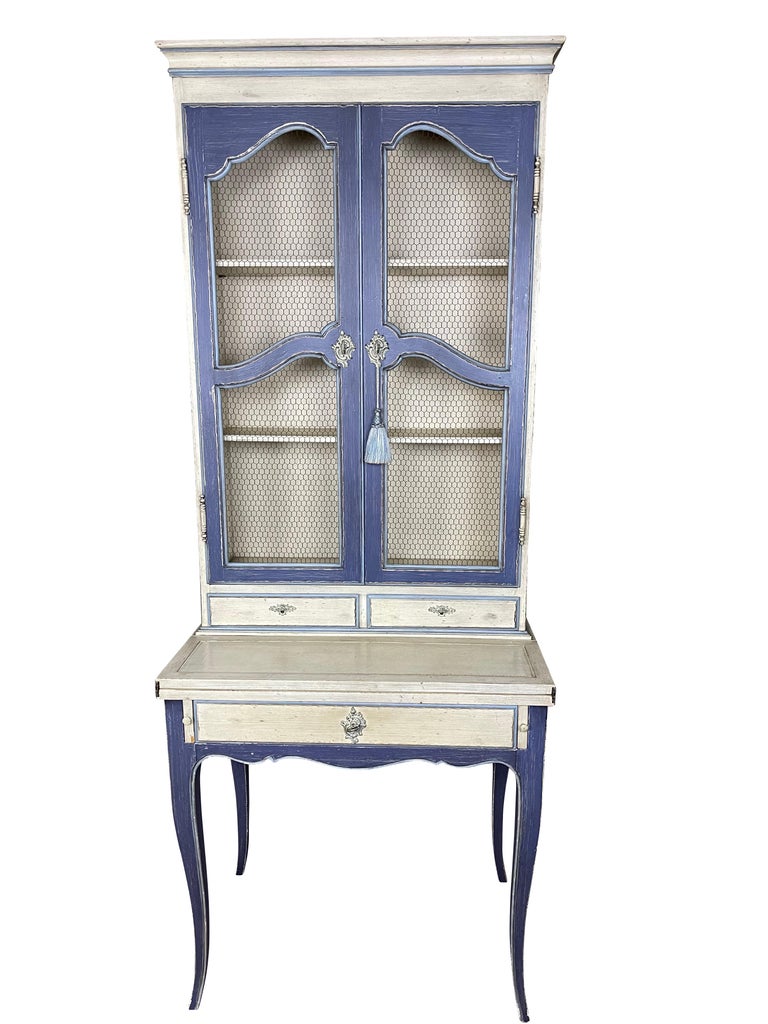 French Country Blue Secretaire/Desk with Wire Shelving and Pull out Lap