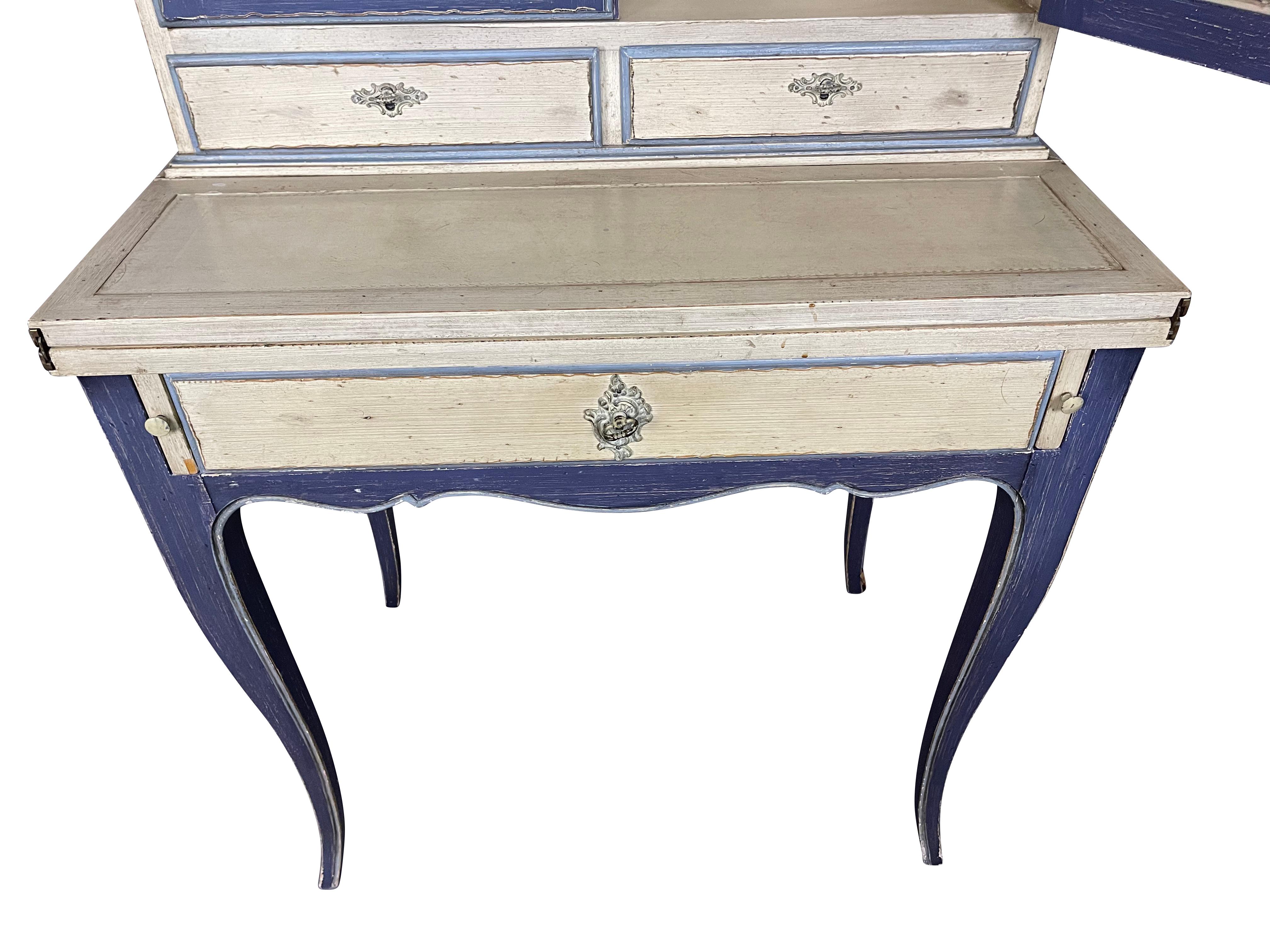 20th Century French Country Blue Secretaire/Desk with Wire Shelving and Pull out Lap Desk  For Sale