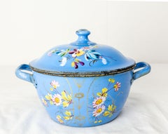 French Country Blue Soup Tureen with Floral Decoration, Enameled Iron, C. 1900