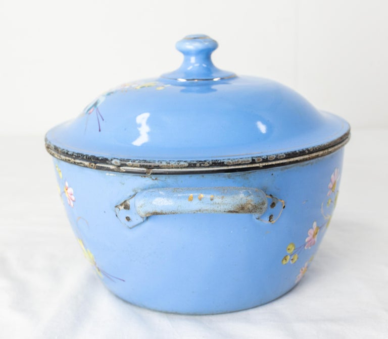 French Country Blue Soup Tureen with Floral Decoration, Enameled Iron