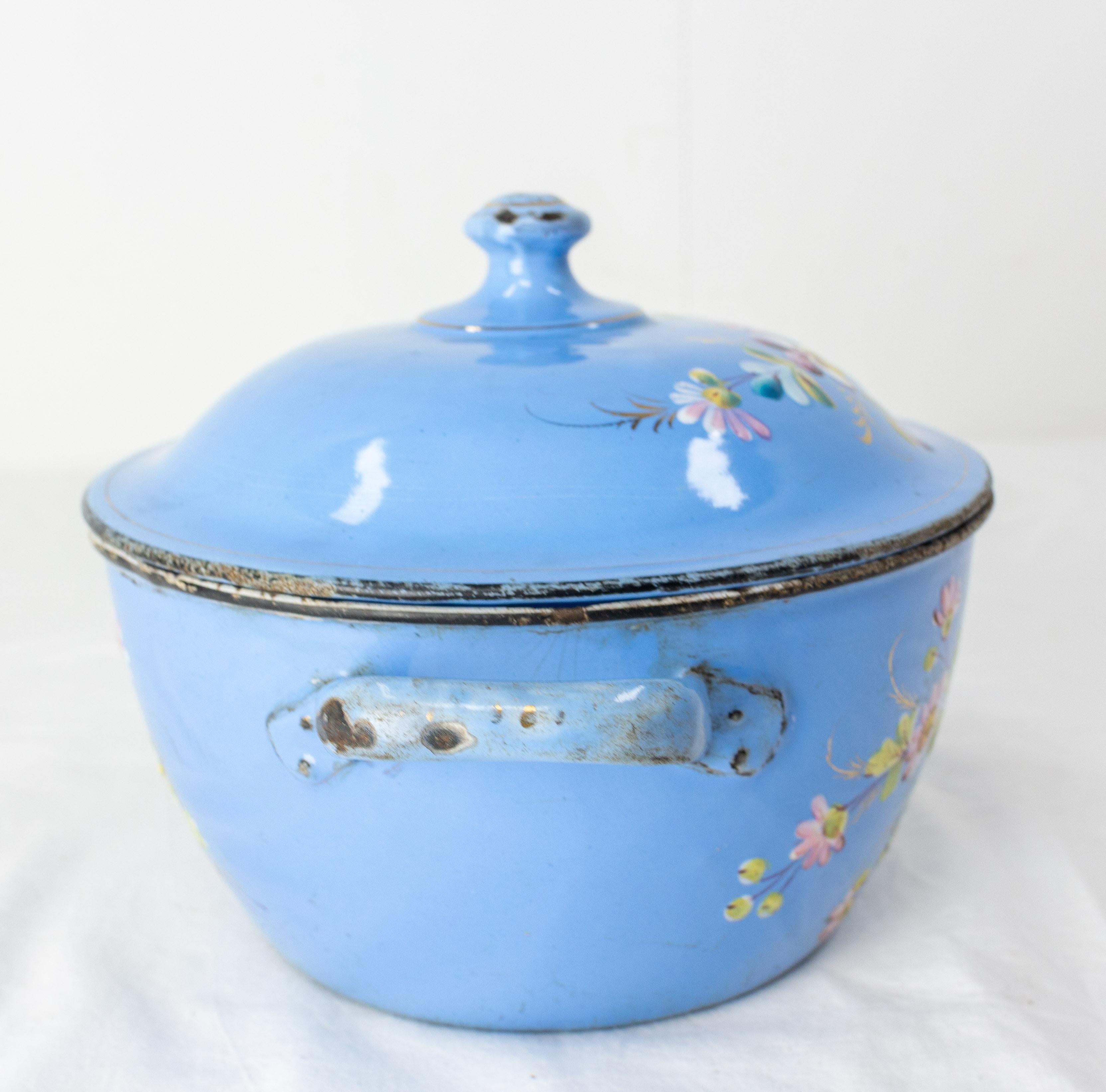 French Country Blue Soup Tureen with Floral Decoration, Enameled Iron, C. 1900 For Sale 1