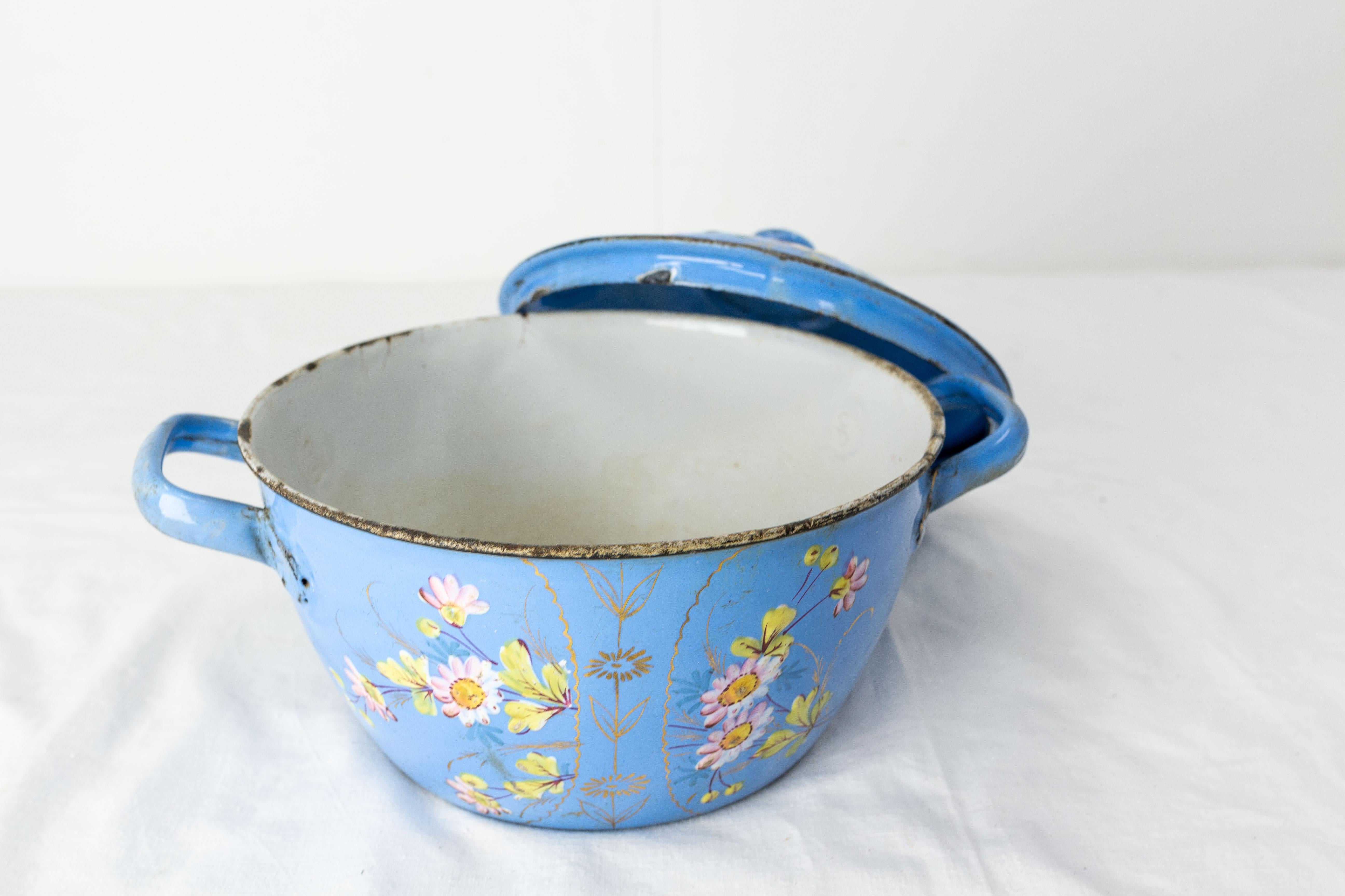 French Country Blue Soup Tureen with Floral Decoration, Enameled Iron, C. 1900 For Sale 2