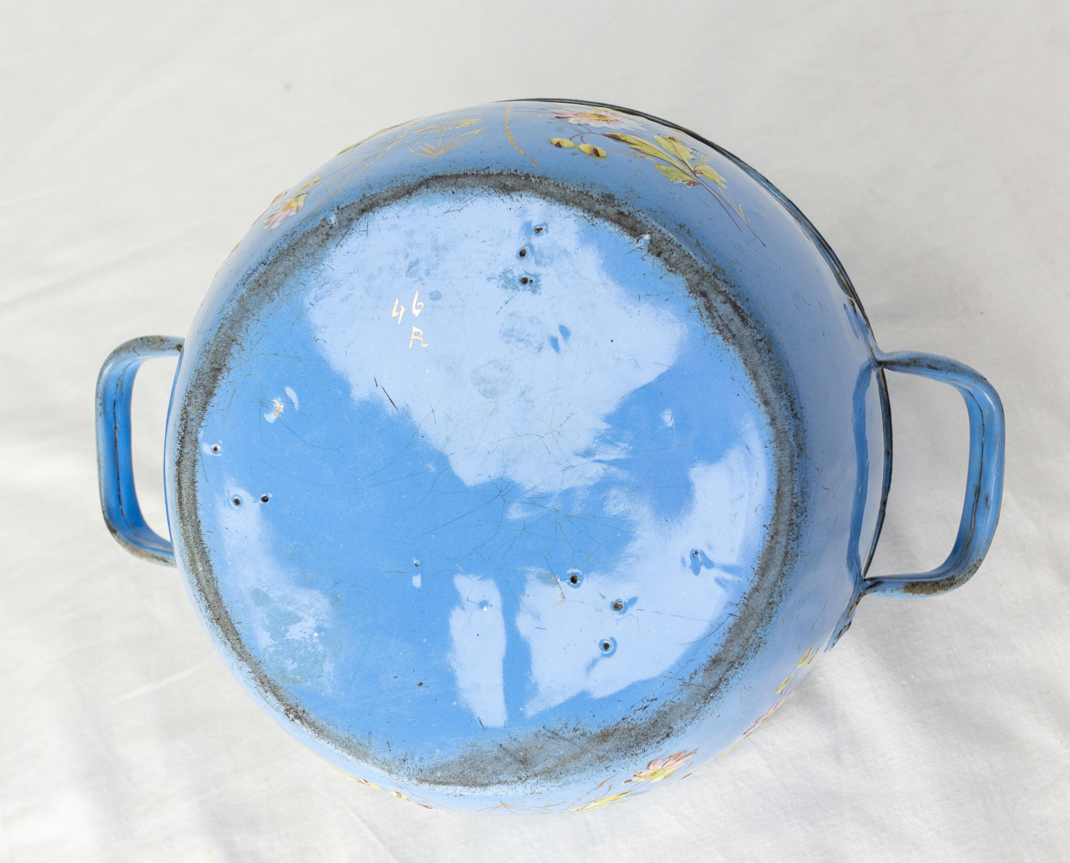 French Country Blue Soup Tureen with Floral Decoration, Enameled Iron, C. 1900 For Sale 3