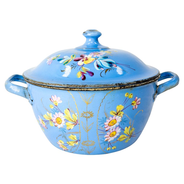 French Country Blue Soup Tureen with Floral Decoration, Enameled Iron