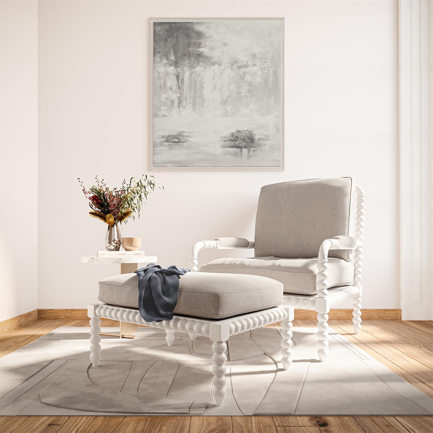 A perfect blend of traditional elegance and modern comfort. This charming armchair features a unique bobbin frame finished in a lightly distressed architectural white paint, adding a touch of classic French country style to any room. The plush