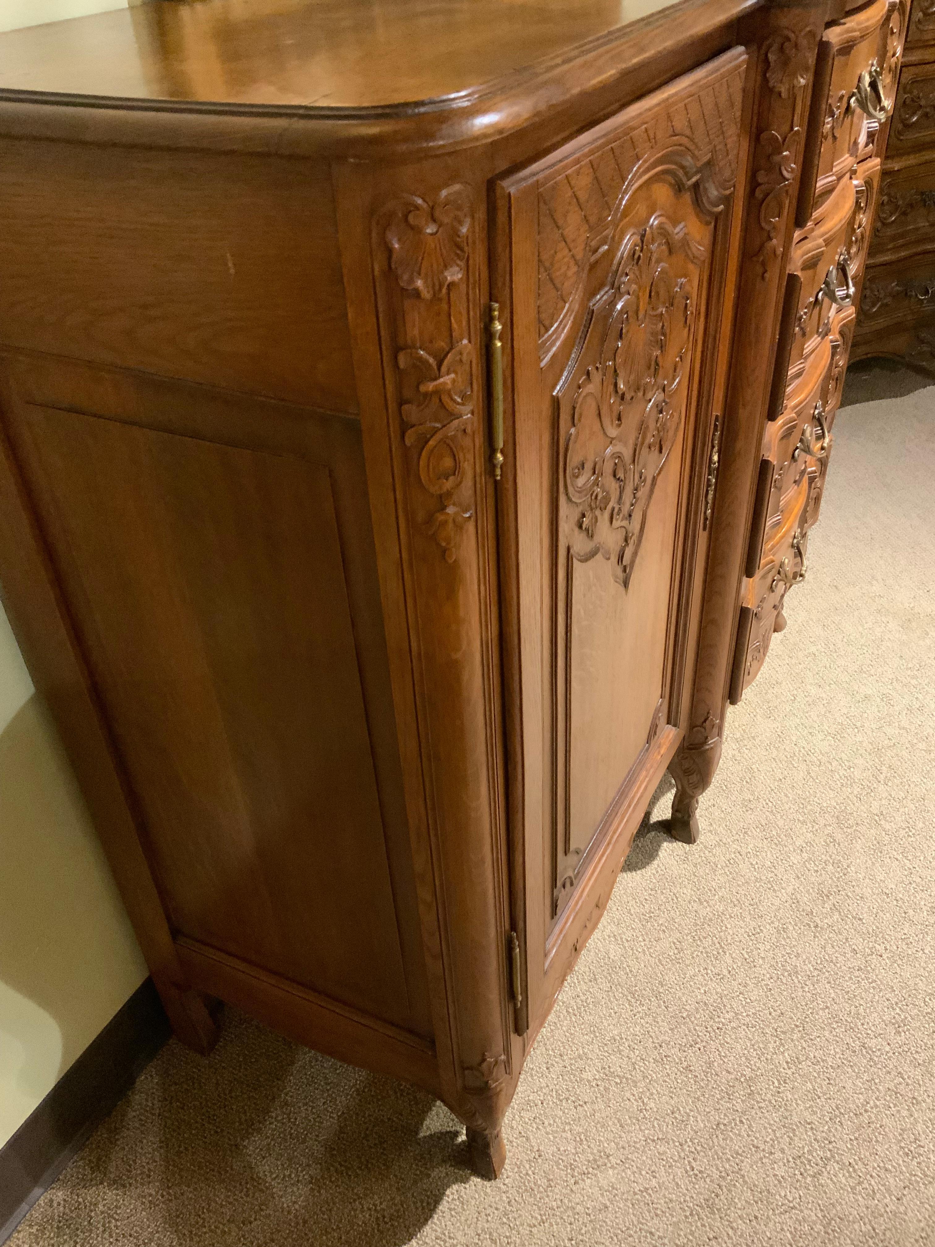Hand-Carved French country buffet/sideboard 19 th c in oa For Sale