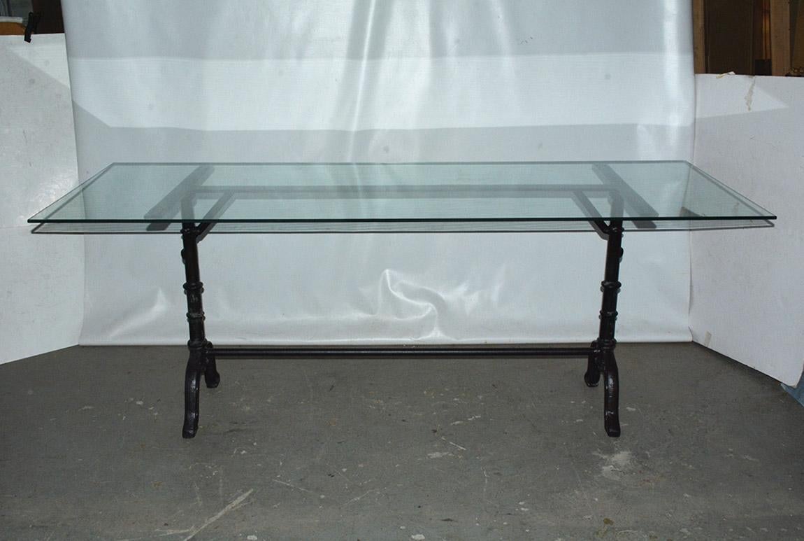 Stylish Versailles country iron metal base and glass top garden table is composed of bistro style legs braced at top and bottom. Table base can easily support stone, glass or wood. Base and top can be sold separately. Table can be used as a sofa