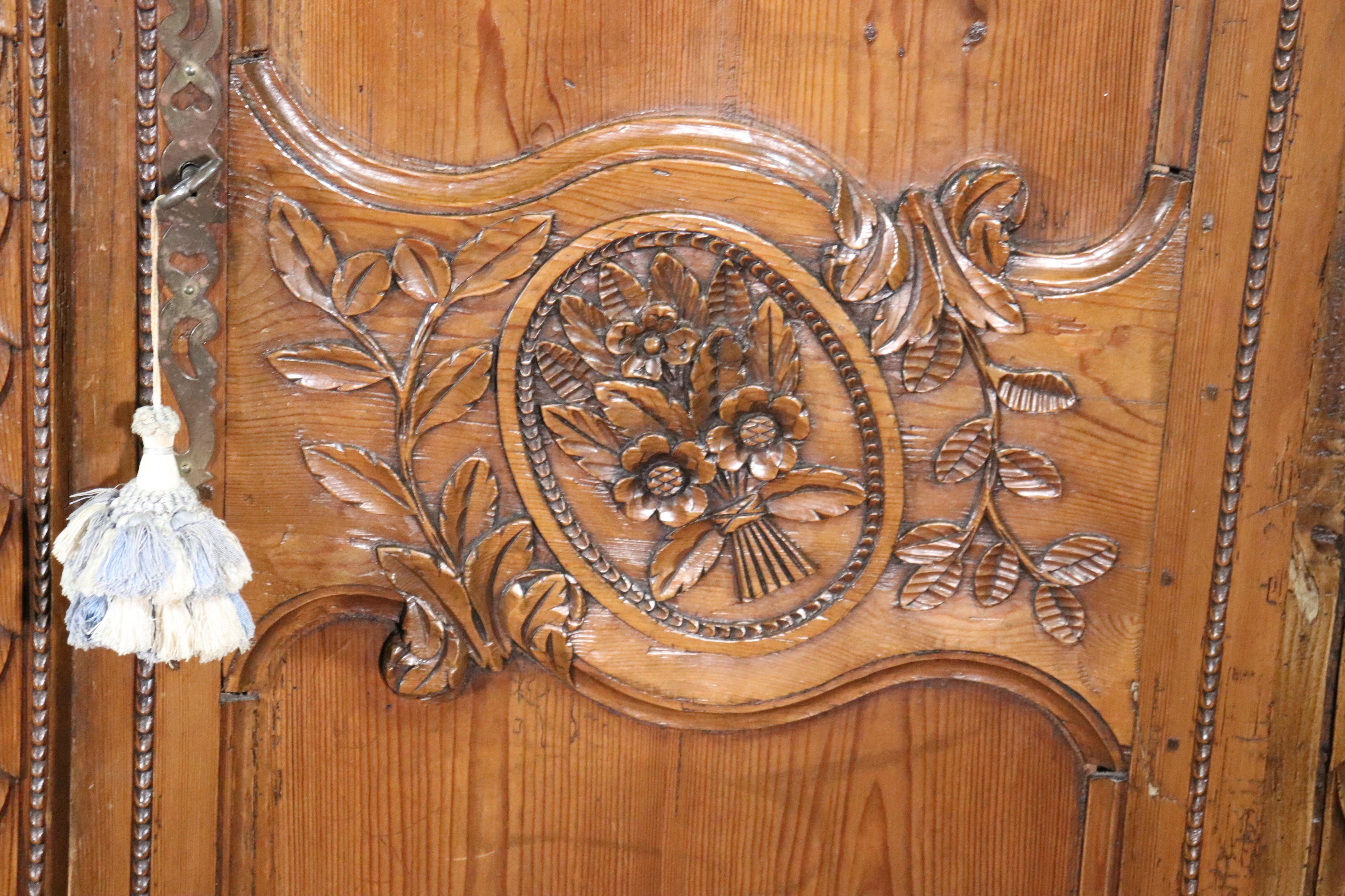 French Country Carved Pine Wedding Armoire Wardrobe with Basket of Flowers 2