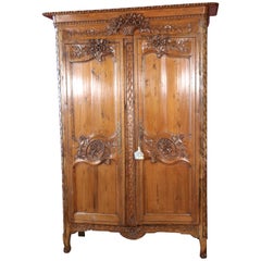 French Country Carved Pine Wedding Armoire Wardrobe with Basket of Flowers