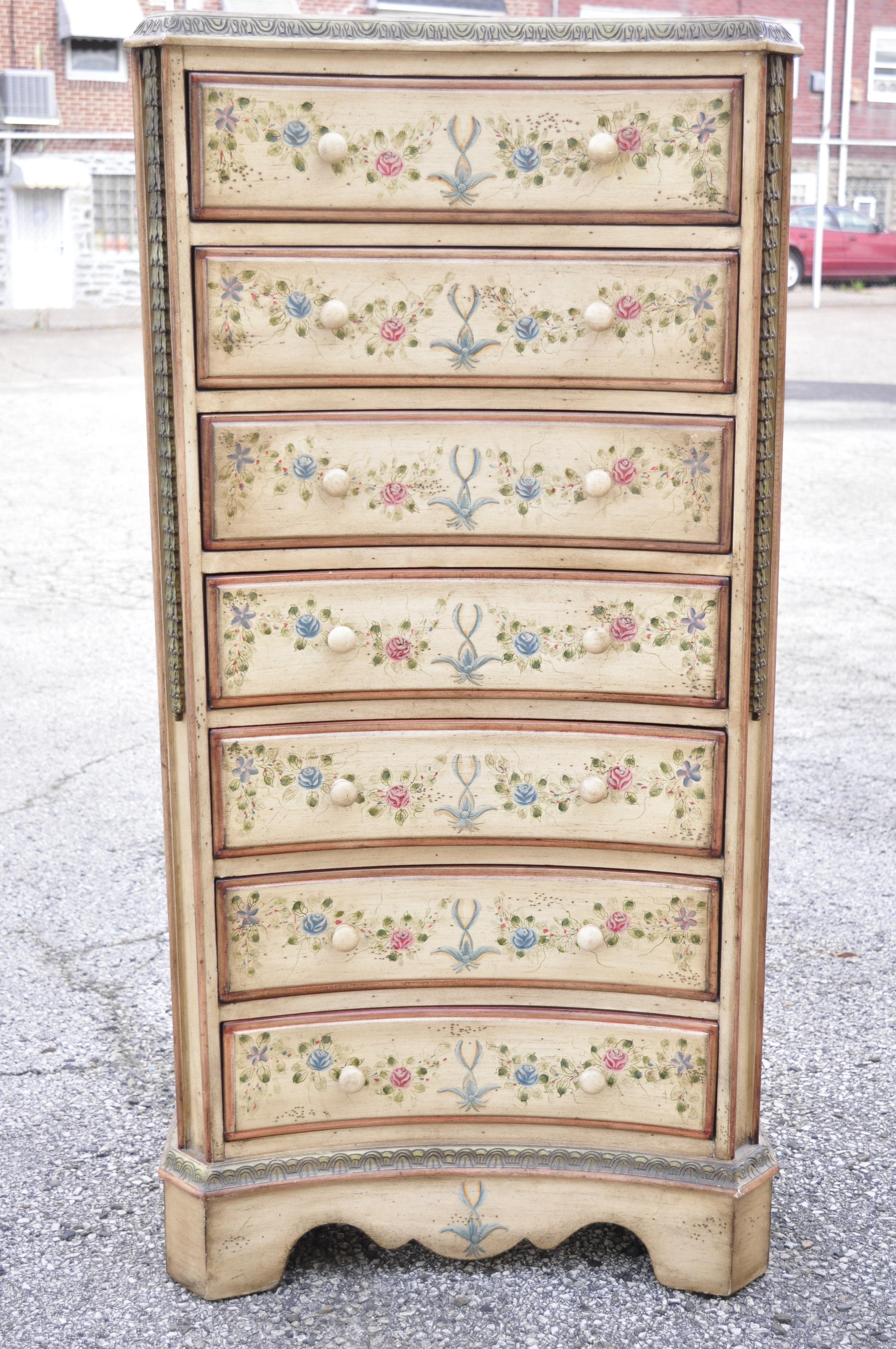 French Country style chic and shabby 7 drawer cream and flower Lingerie tall chest. Item features cream distress painted finish, floral painted drawer fronts, distressed finish, nicely carved details, 7 drawers, very nice vintage item, great style