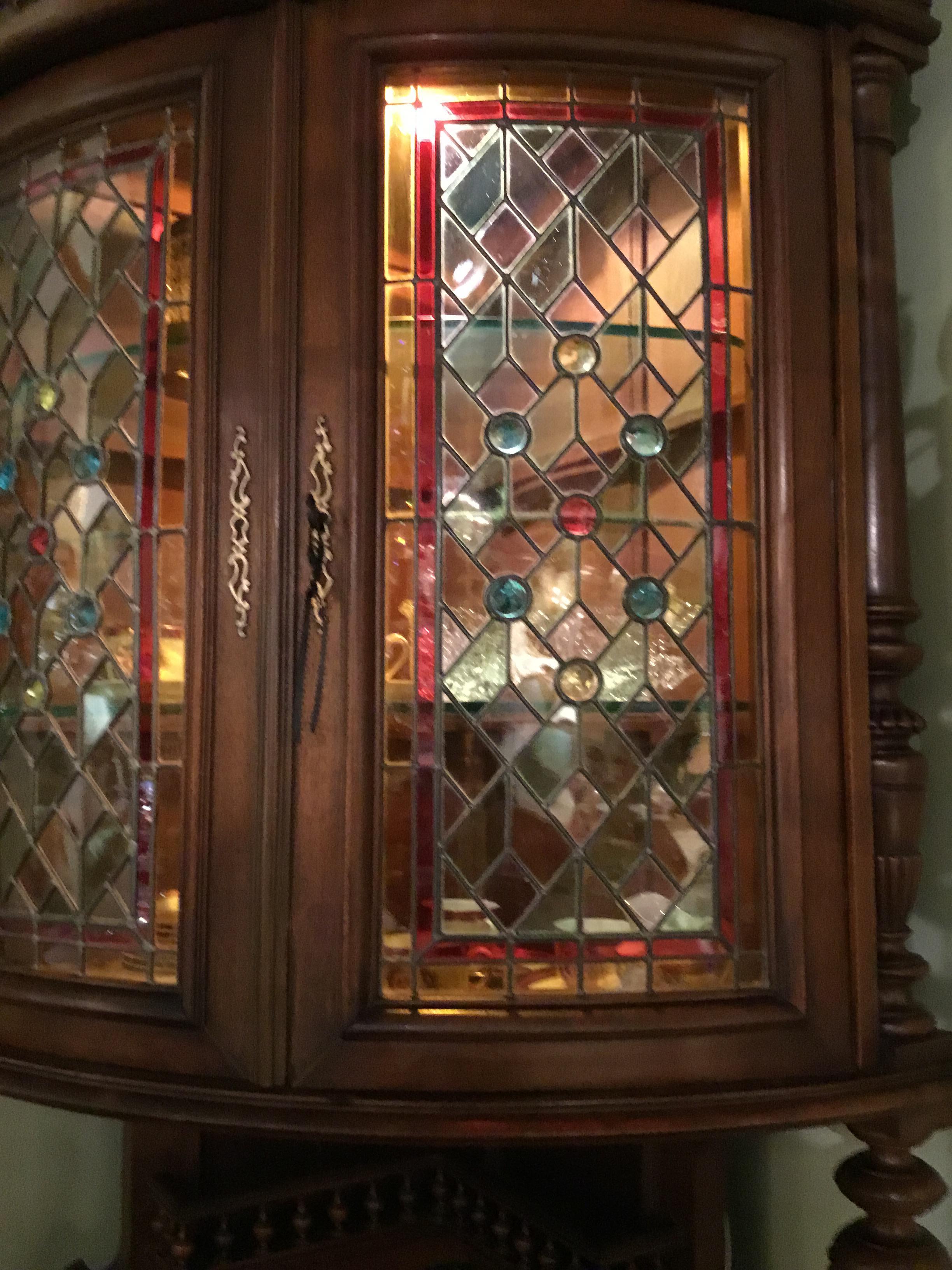 French Country Corner Cabinet with Stained Glass Doors, 19th Century, Oak 4