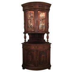 French Country Corner Cabinet with Stained Glass Doors, 19th Century, Oak