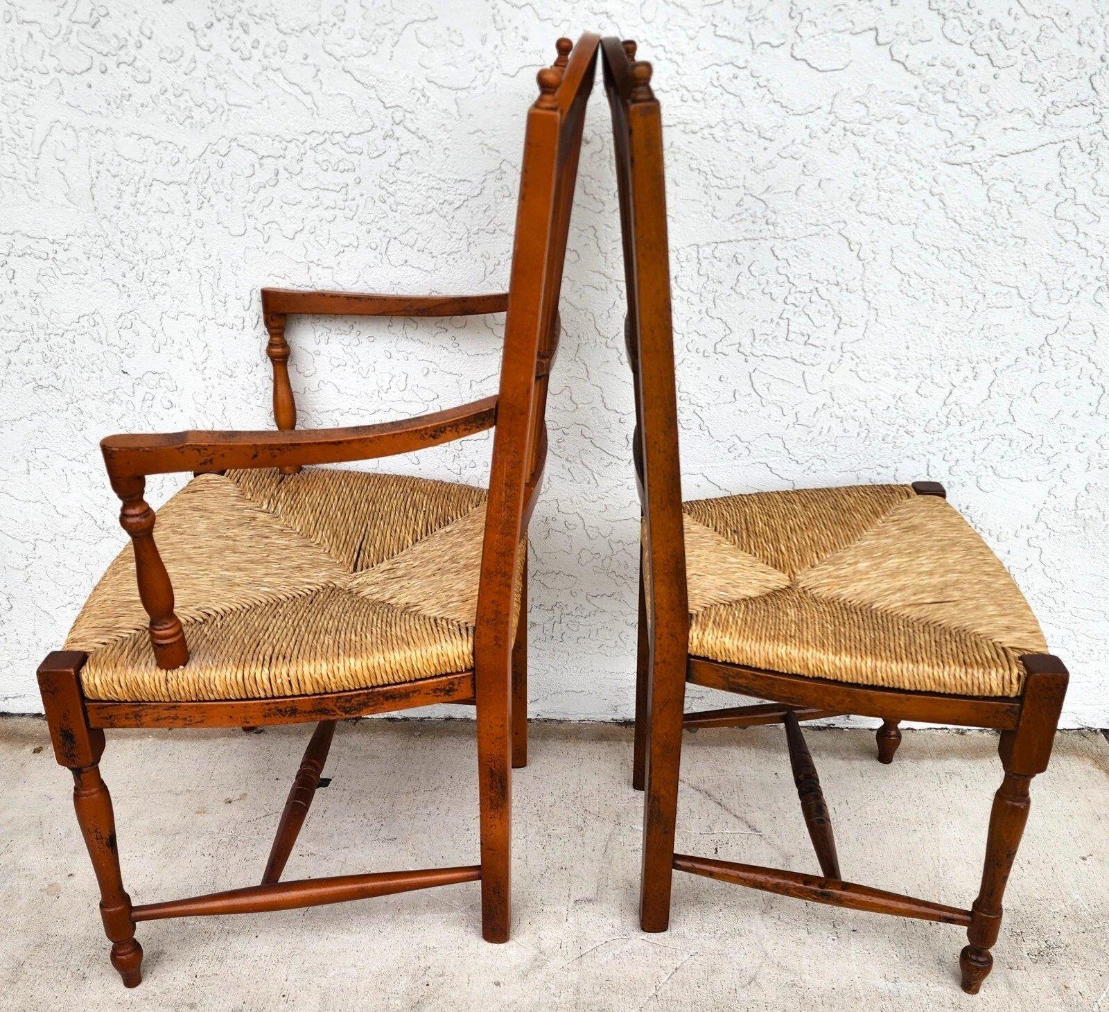 Jonc French Country Dining Chairs Rush Seats Wheat Backs with Cushions Set of 8 en vente