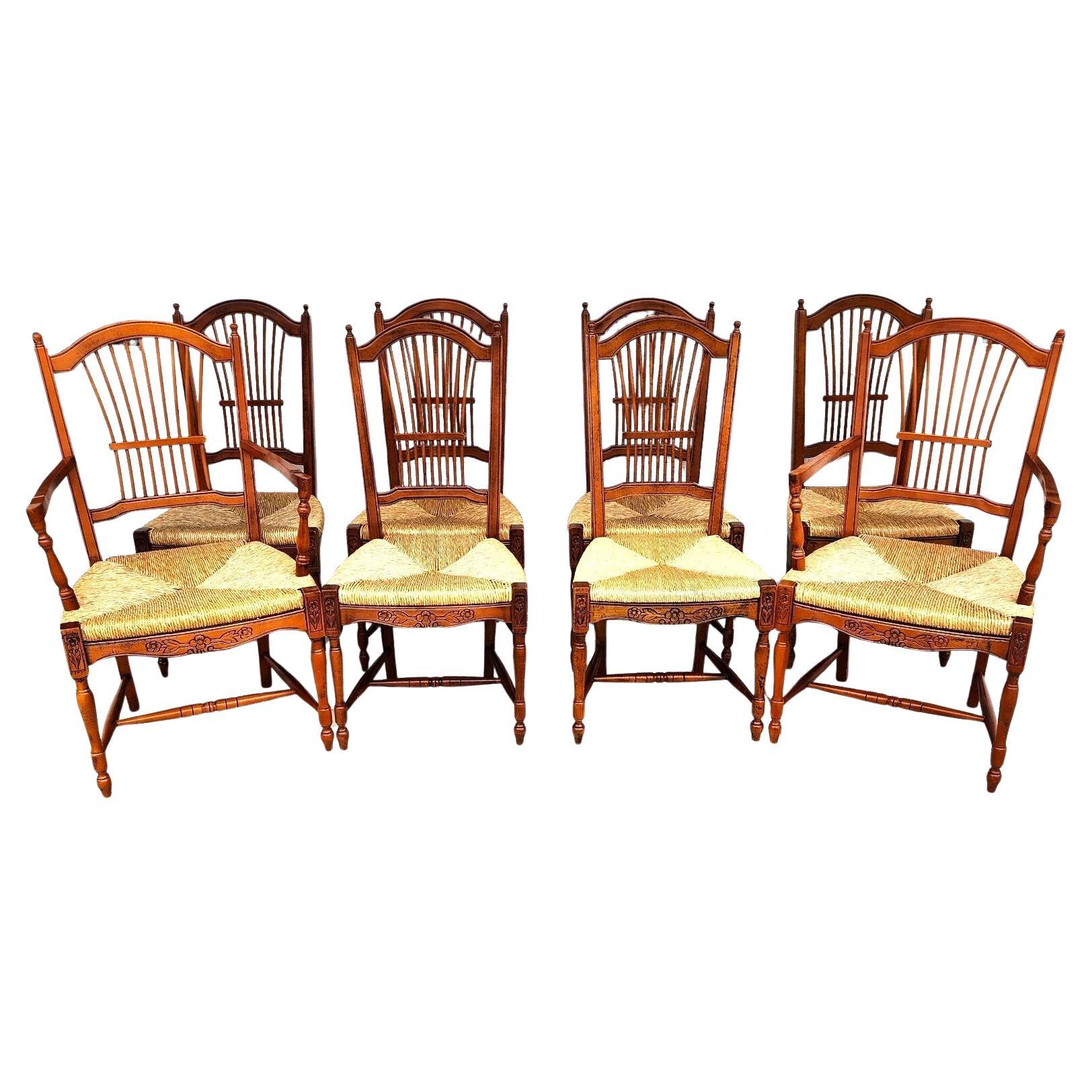 French Country Dining Chairs Rush Seats Wheat Backs with Cushions Set of 8