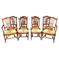 French Country Dining Chairs Rush Seats Wheat Backs with Cushions Set of 8