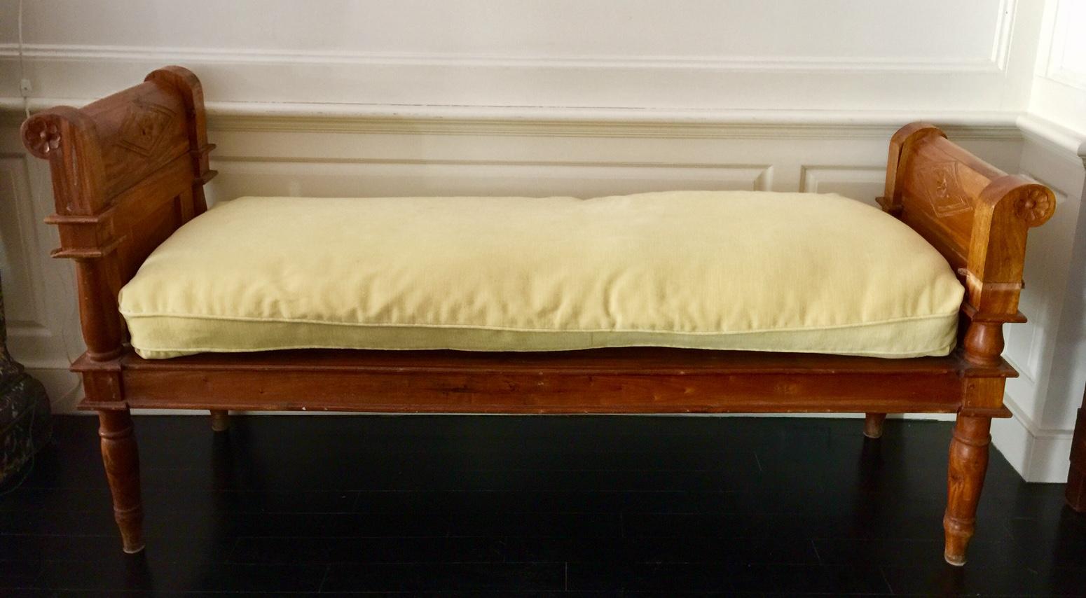 French Country Directoire Style Banquette Bench with Yellow Velvet Cushion For Sale 1