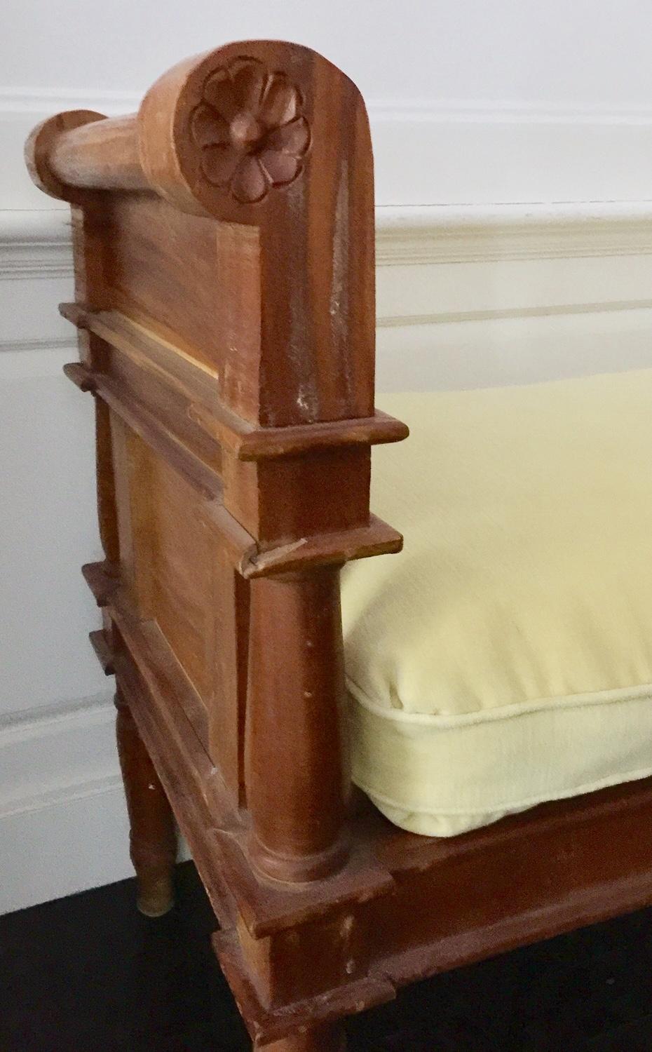 French Country Directoire Style Banquette Bench with Yellow Velvet Cushion For Sale 3