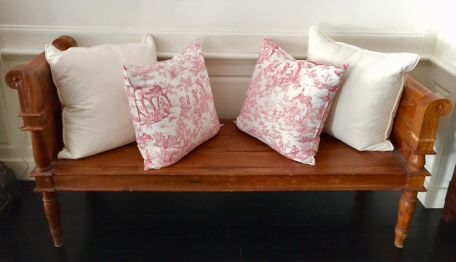 Patinated French Country Directoire Style Banquette Bench with Yellow Velvet Cushion For Sale