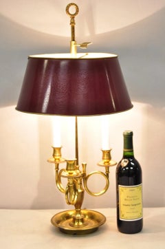 French Country Empire Brass Trumpet Arm Red Tole Shade Bouillotte Desk Lamp