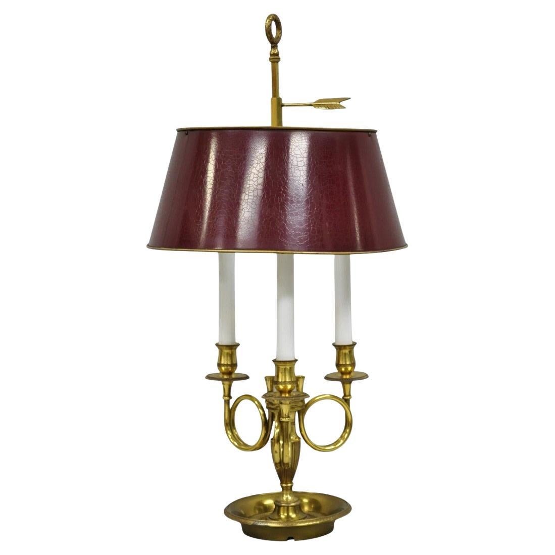French Country Empire Brass Trumpet Arm Red Tole Shade Bouillotte Desk Lamp