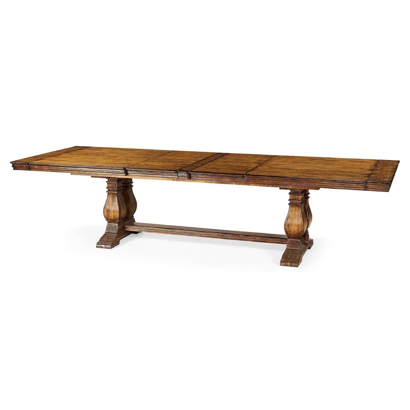 French Country draw leaf dining table French country style heavy planked extending figured walnut dining table with two self-storing leaves, an antique distressed double pedestal base, and a thick stretcher. 

Dimensions: 127.5