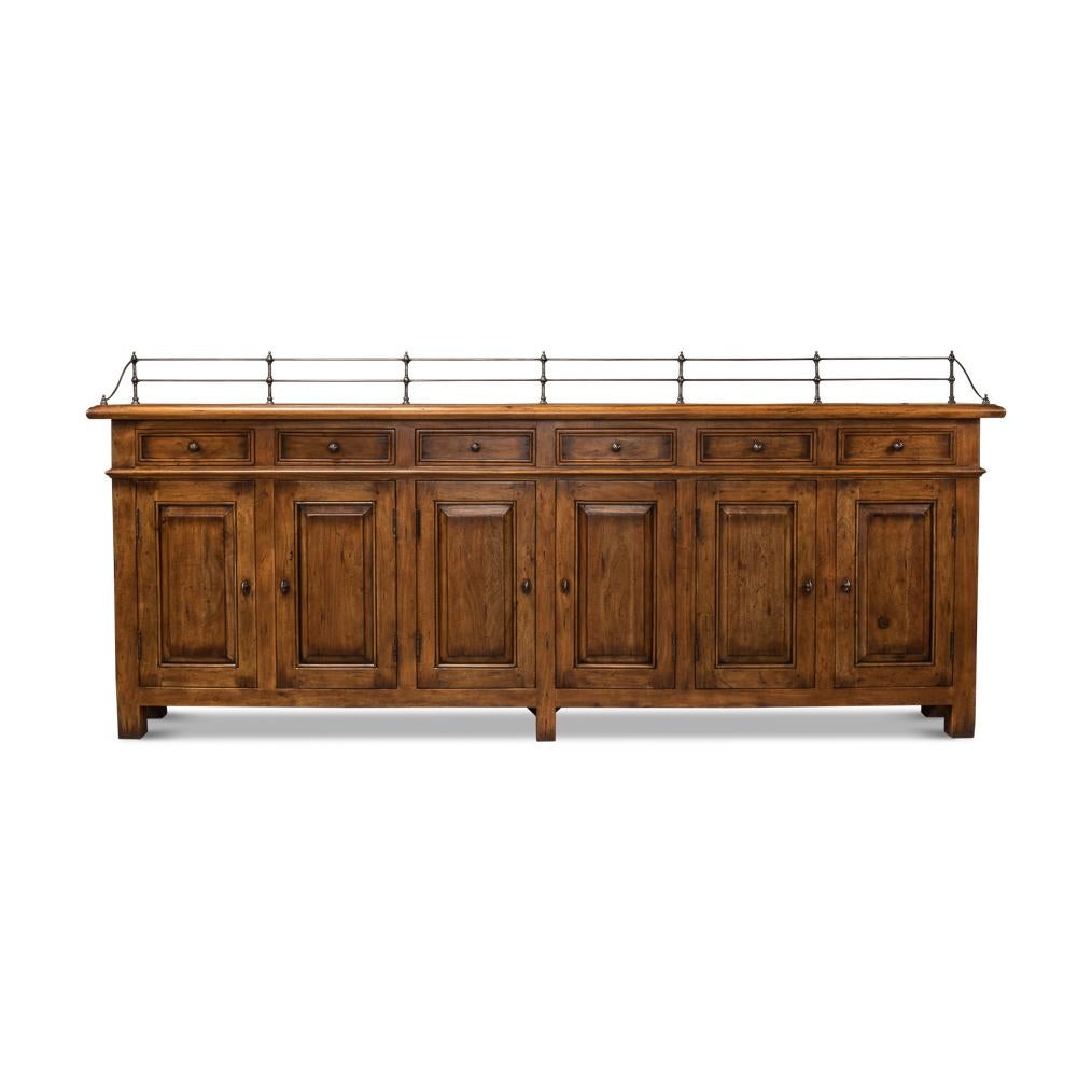 Crafted from solid acacia in a warm classic fruitwood finish, this piece resonates with durability and a timeless aesthetic. Its generous dimensions, measuring 96 inches in width, 12 inches in depth, and standing 43 inches tall, make it a statement