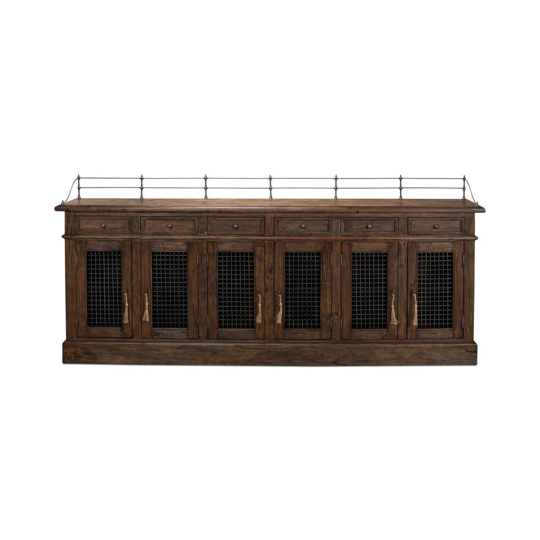 With a warm old farmhouse finish, this piece resonates with durability and a timeless aesthetic. Its generous dimensions, measuring 96 inches in width, 12 inches in depth, and standing 43 inches tall, make it a statement piece for spacious dining