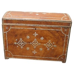 French Country House Chic Leather and Brass Bound Chest