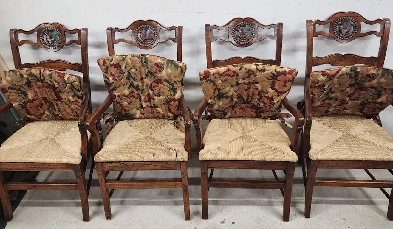 For FULL item description click on READ MORE below. 

Offering One Of Our Recent Palm Beach Estate Fine Furniture Acquisitions Of A
Set of 4 French Country Ladderback Chairs with Polychrome Rooster Medallions and Rush Seats with Cushions
Cushions