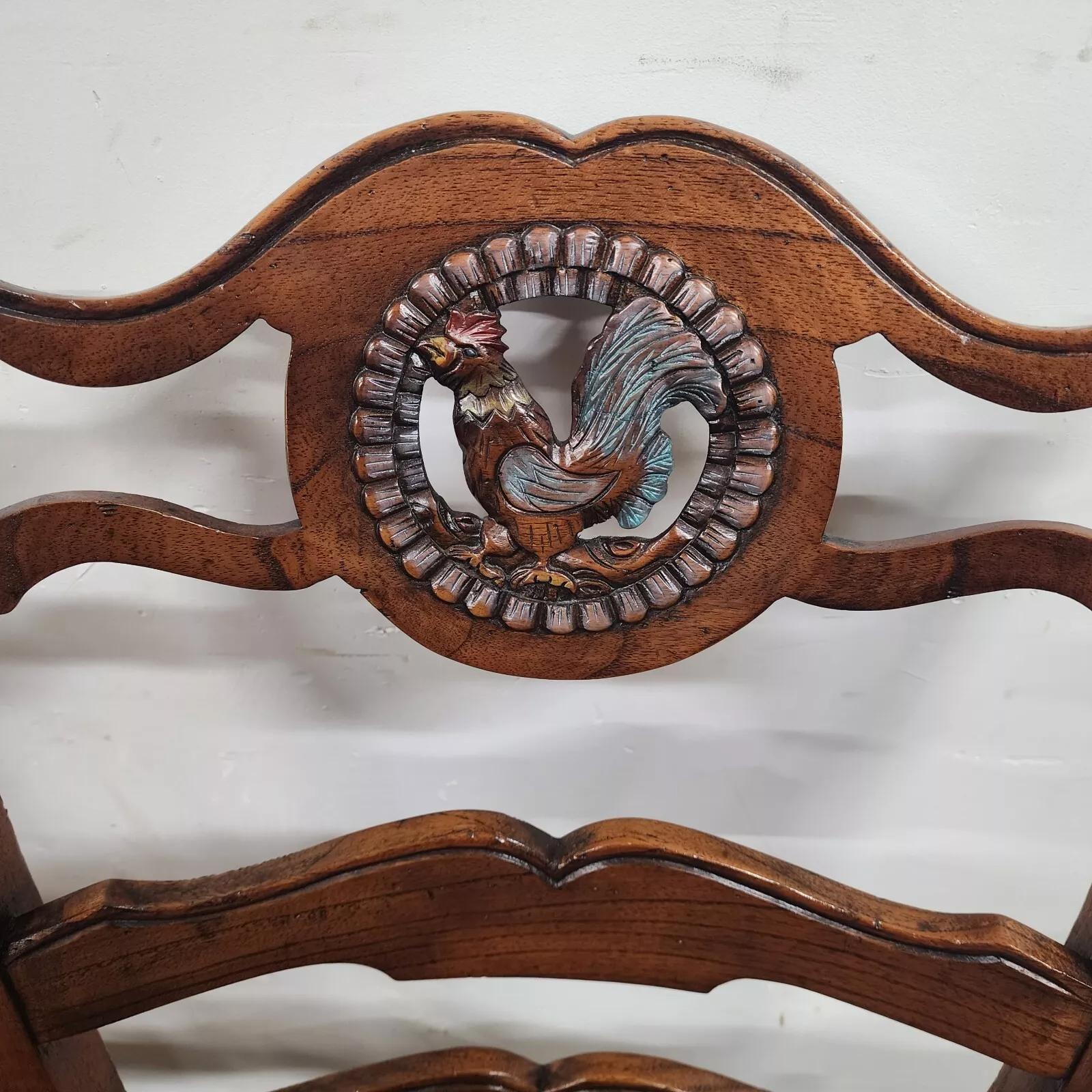 French Country Ladderback Chairs Rooster Medallions Rush Seats In Good Condition In Lake Worth, FL