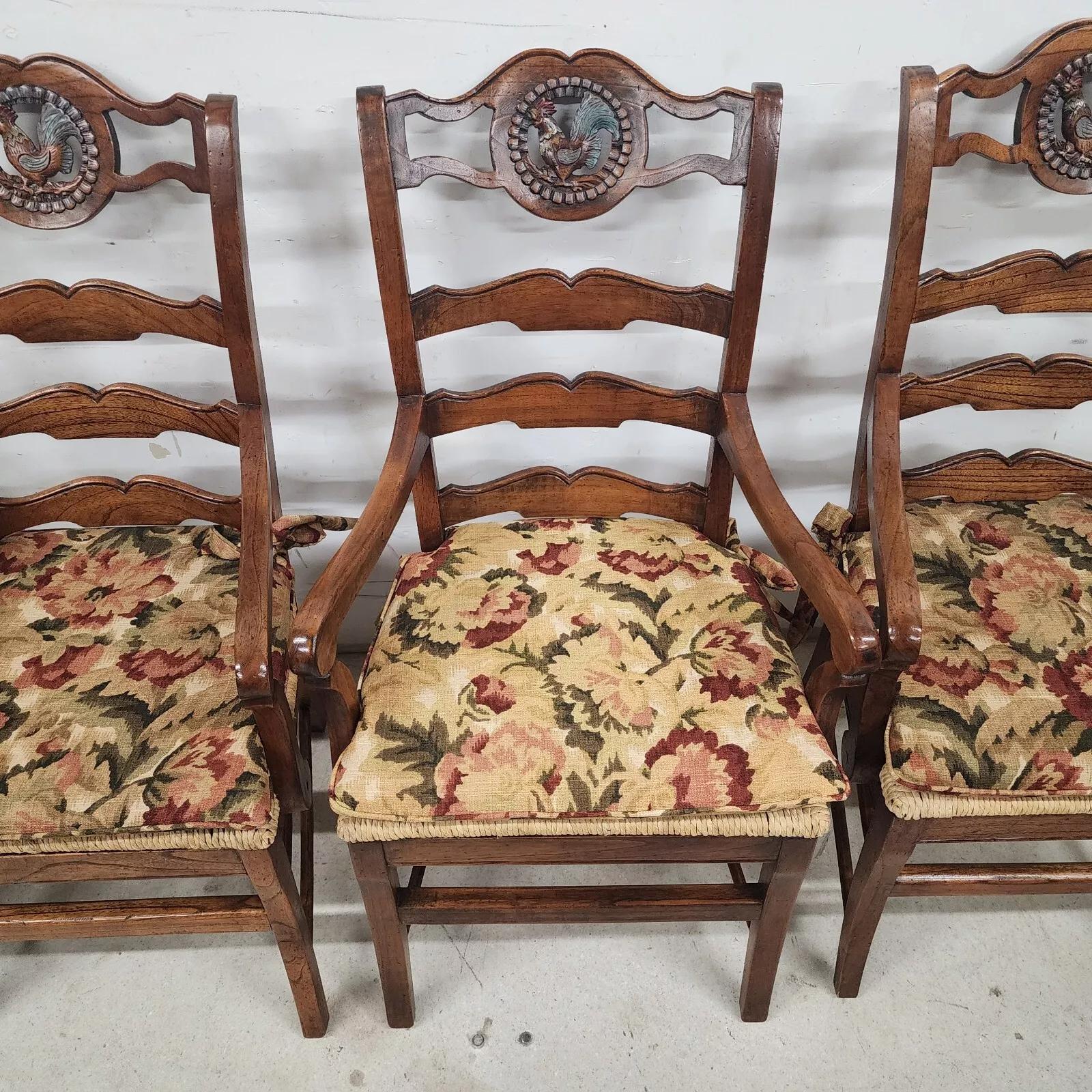 Late 20th Century French Country Ladderback Chairs Rooster Medallions Rush Seats