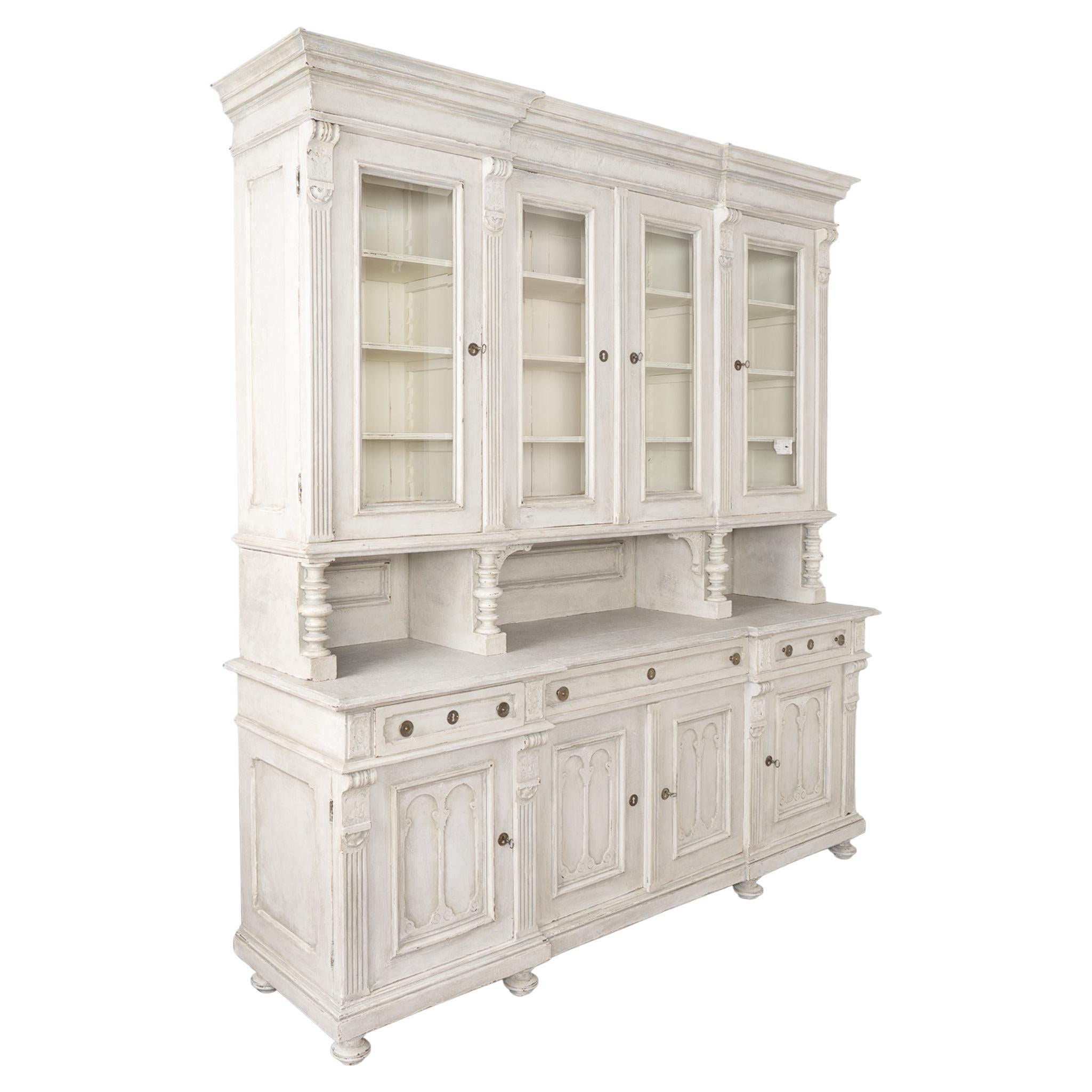 French Country Large Display Cabinet Bookcase Painted White, circa 1900