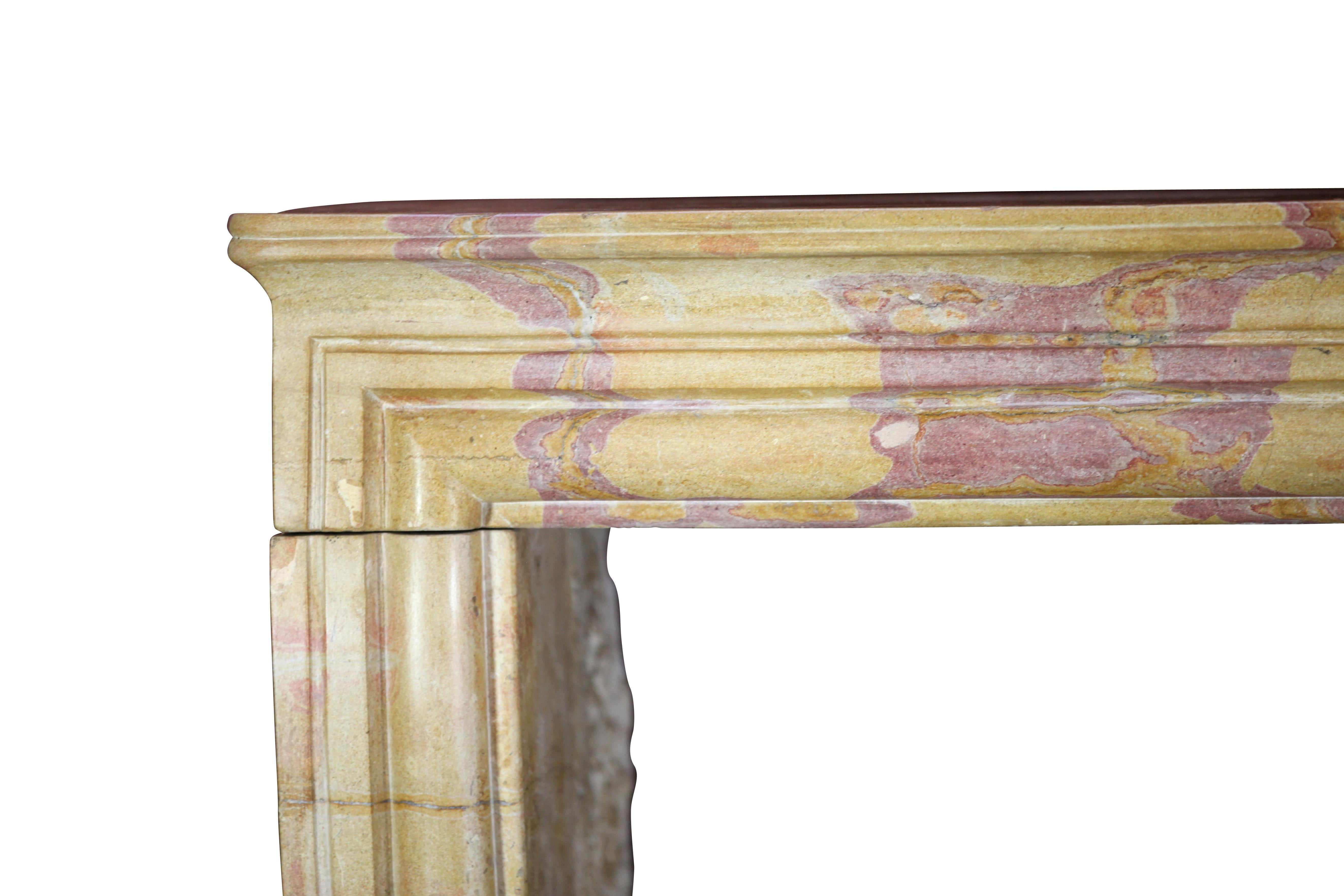 A fine French country surround in Louis XIV style, 19th century. The Burgundy hard stone/ marble is from the Corton region. It is bicolor with some wine color veining.
Measures:
134 cm exterior width 52.76 inch
115 cm exterior height 45.27