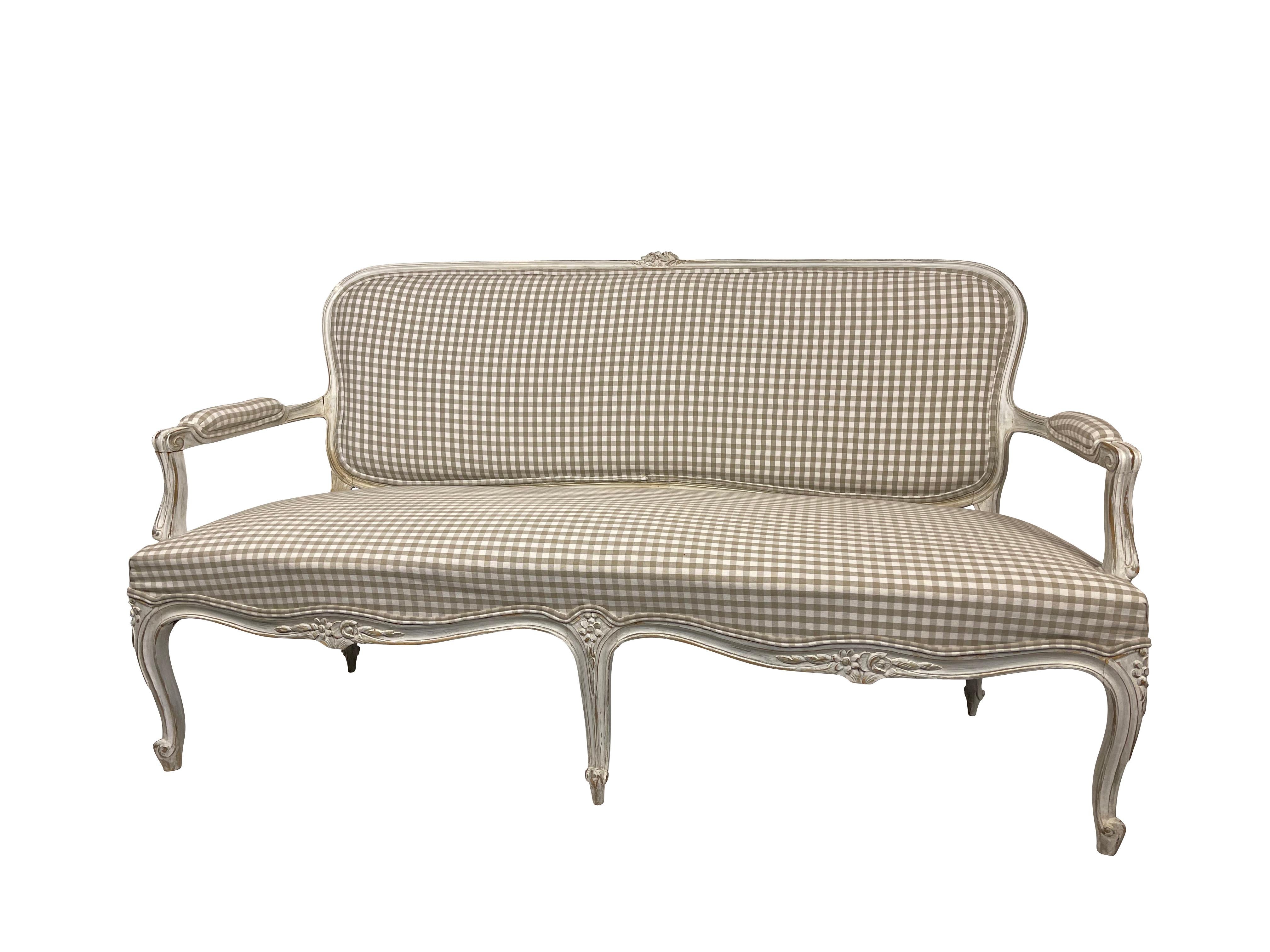 French Louis XV Settee with Grey Gingham  3