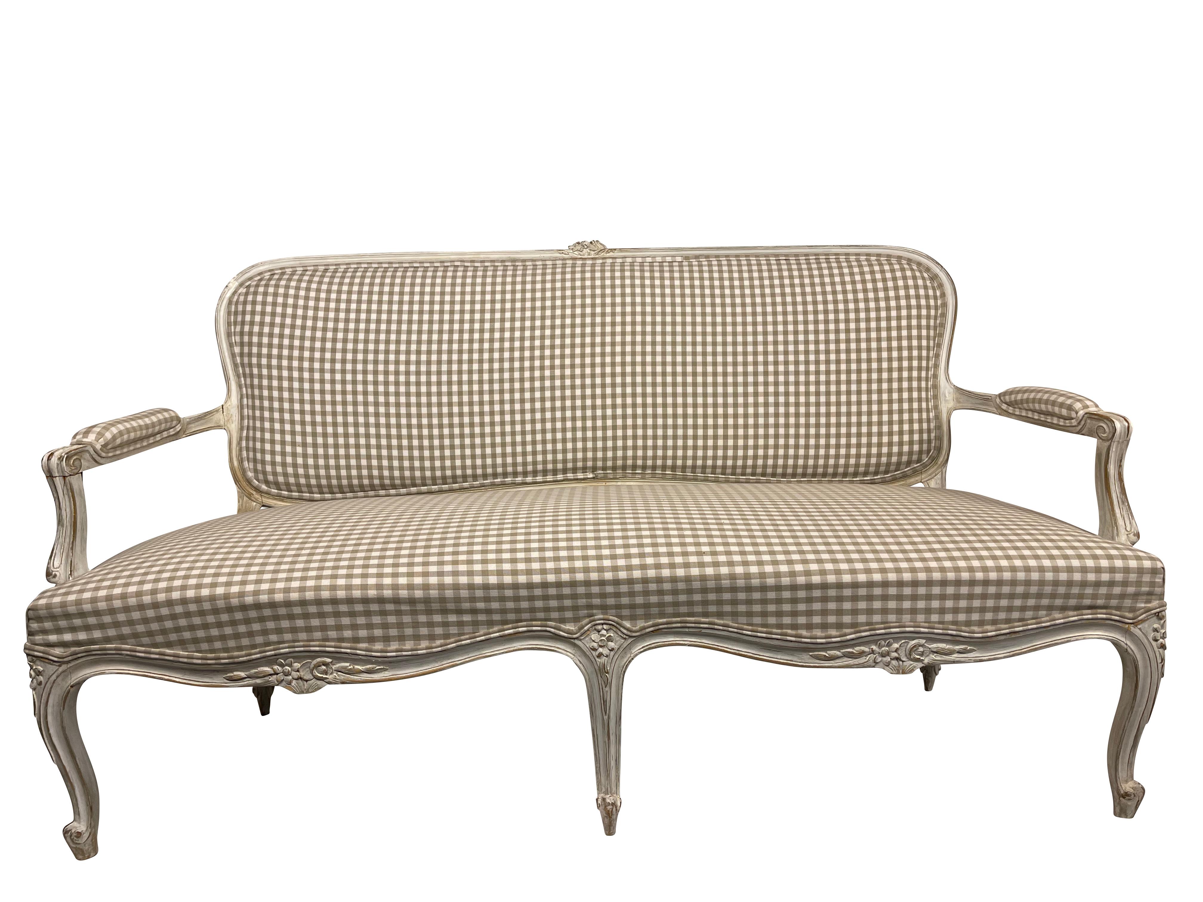 French Louis XV Settee with Grey Gingham 4