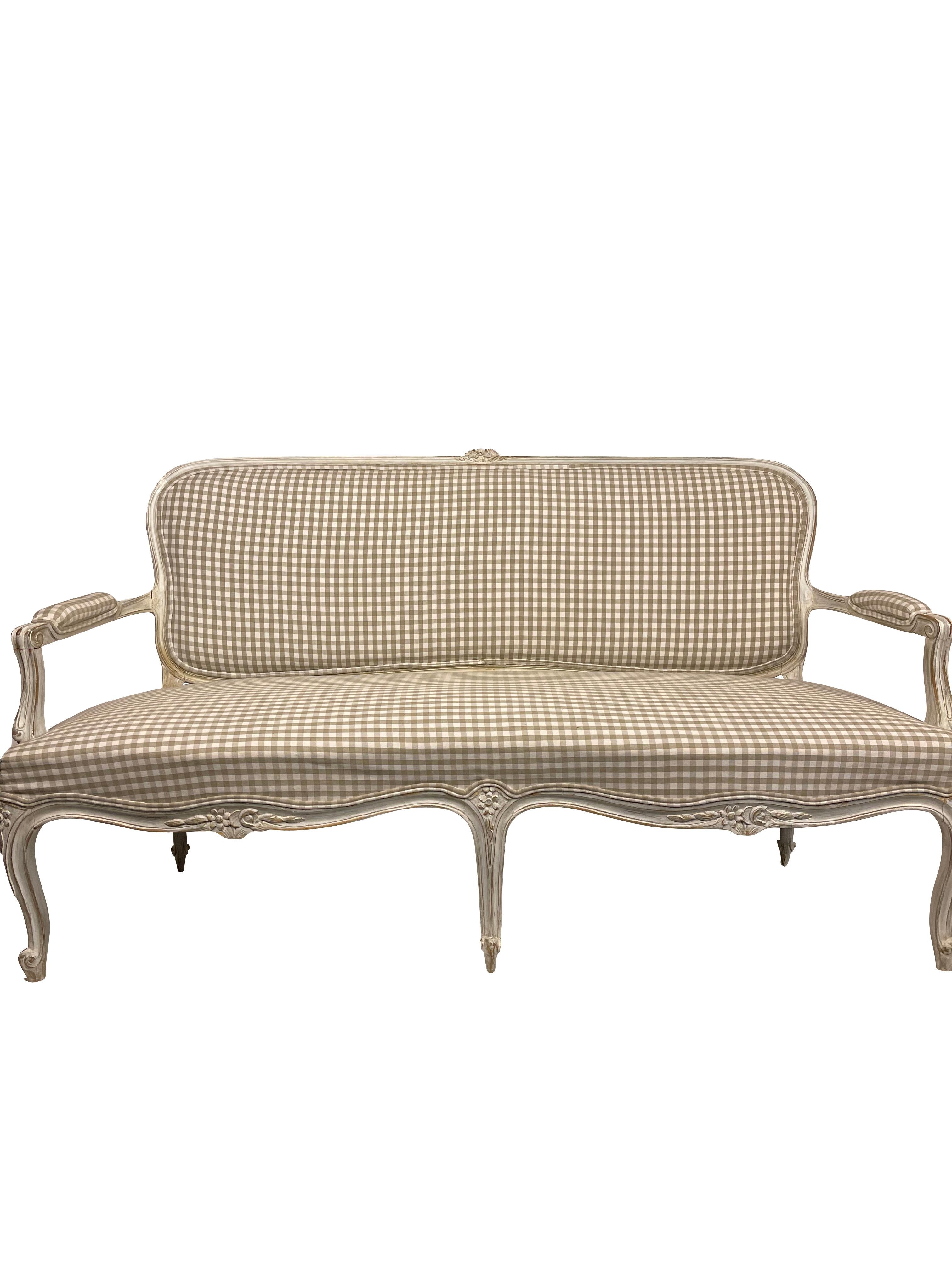 American French Louis XV Settee with Grey Gingham 