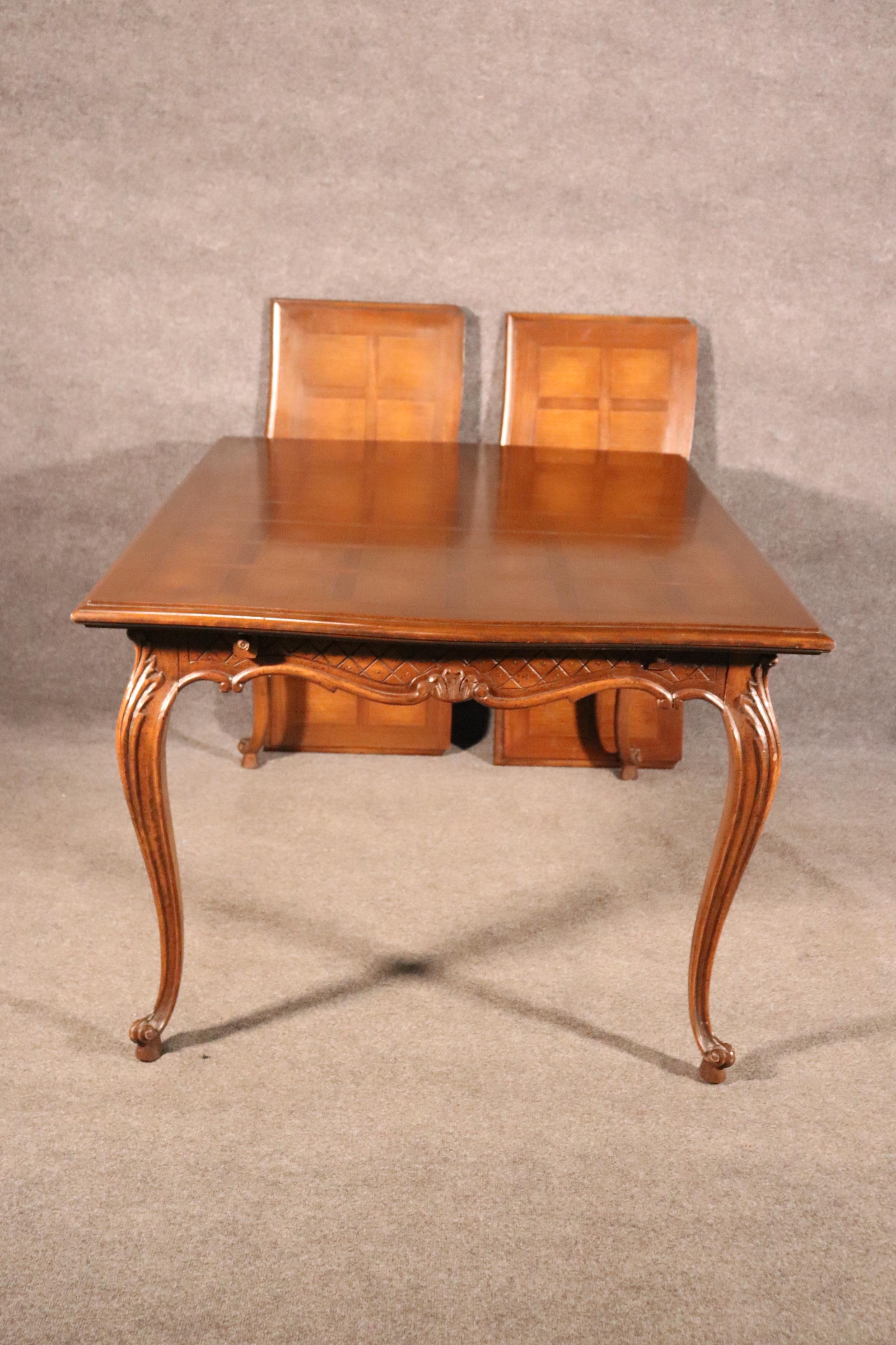 American French Country Louis XV Parquet Top Dining Table with Two Leaves, Circa 1950