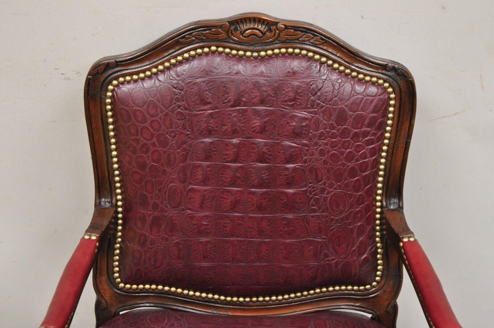 French Country Louis XV Style Burgundy Leather Faux Reptile Cowhide Armchair In Good Condition For Sale In Philadelphia, PA